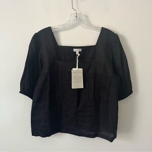 NEW Garnet Hill 100% Linen Black Square Neck Short Sleeve Top 10 Lightweight